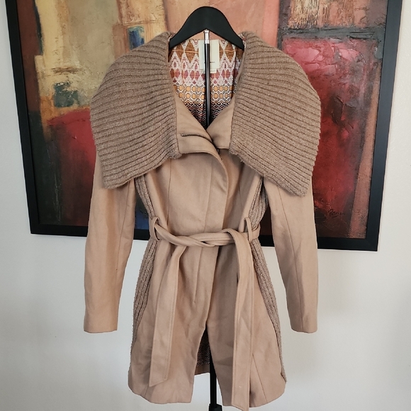 elevenses Jackets & Blazers - Elevenses Anthropologie Wool Blend Tan Trench Coat with Knit Accents